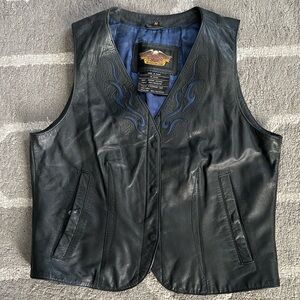 Vintage Harley Davidson Leather Vest with embroidered blue flames.